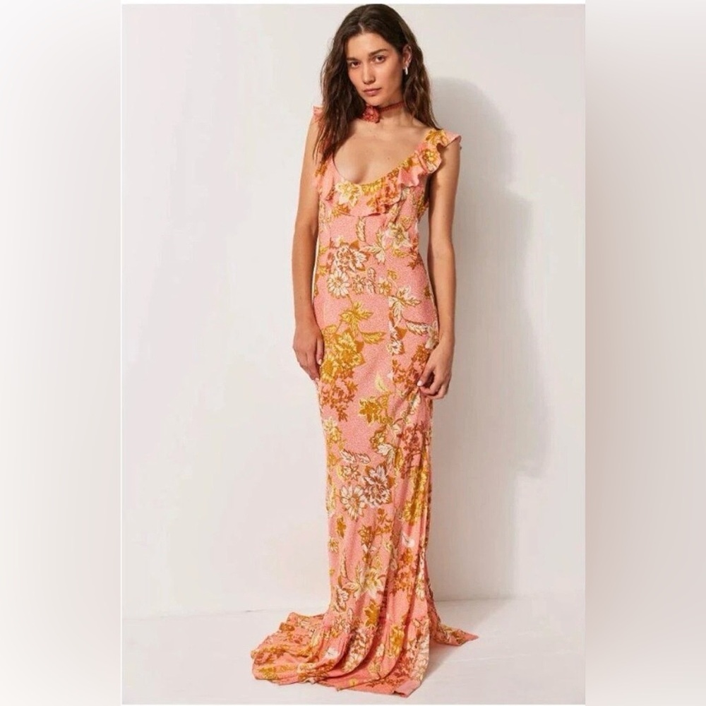 Free People Remind Me Maxi Slip Dress in Coral Combo